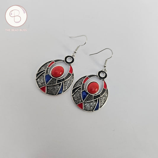 Boho Tribal Round Drop Earrings – Red & Blue Accents
