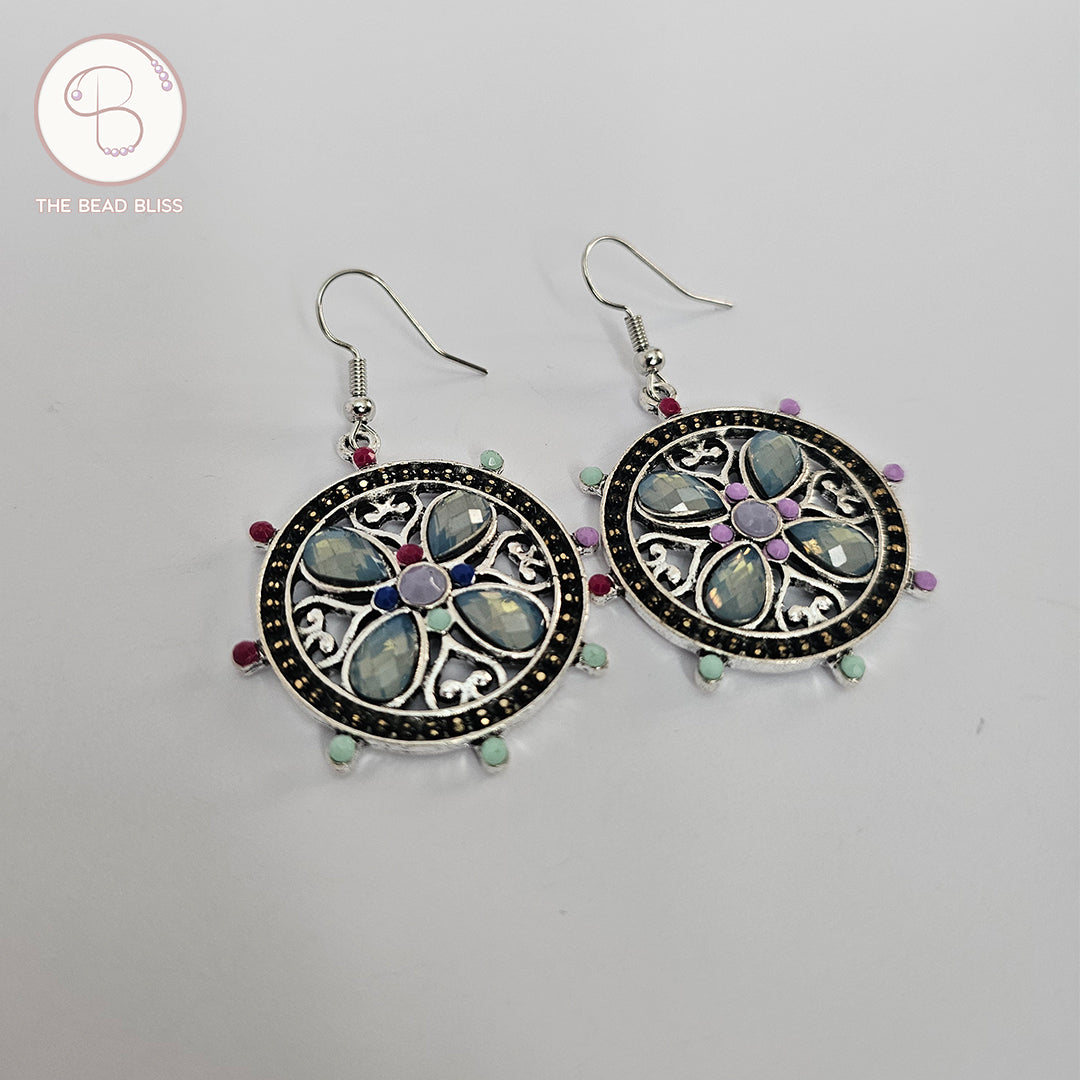Boho Mosaic Mandala Drop Earrings – Multicolor Accents