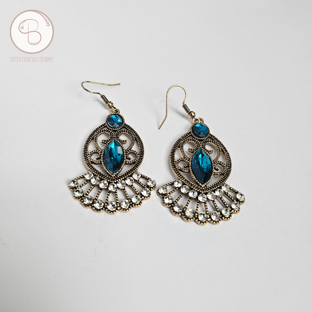 Vintage Fan Drop Earrings – Antique Gold with Blue & Crystal Accents