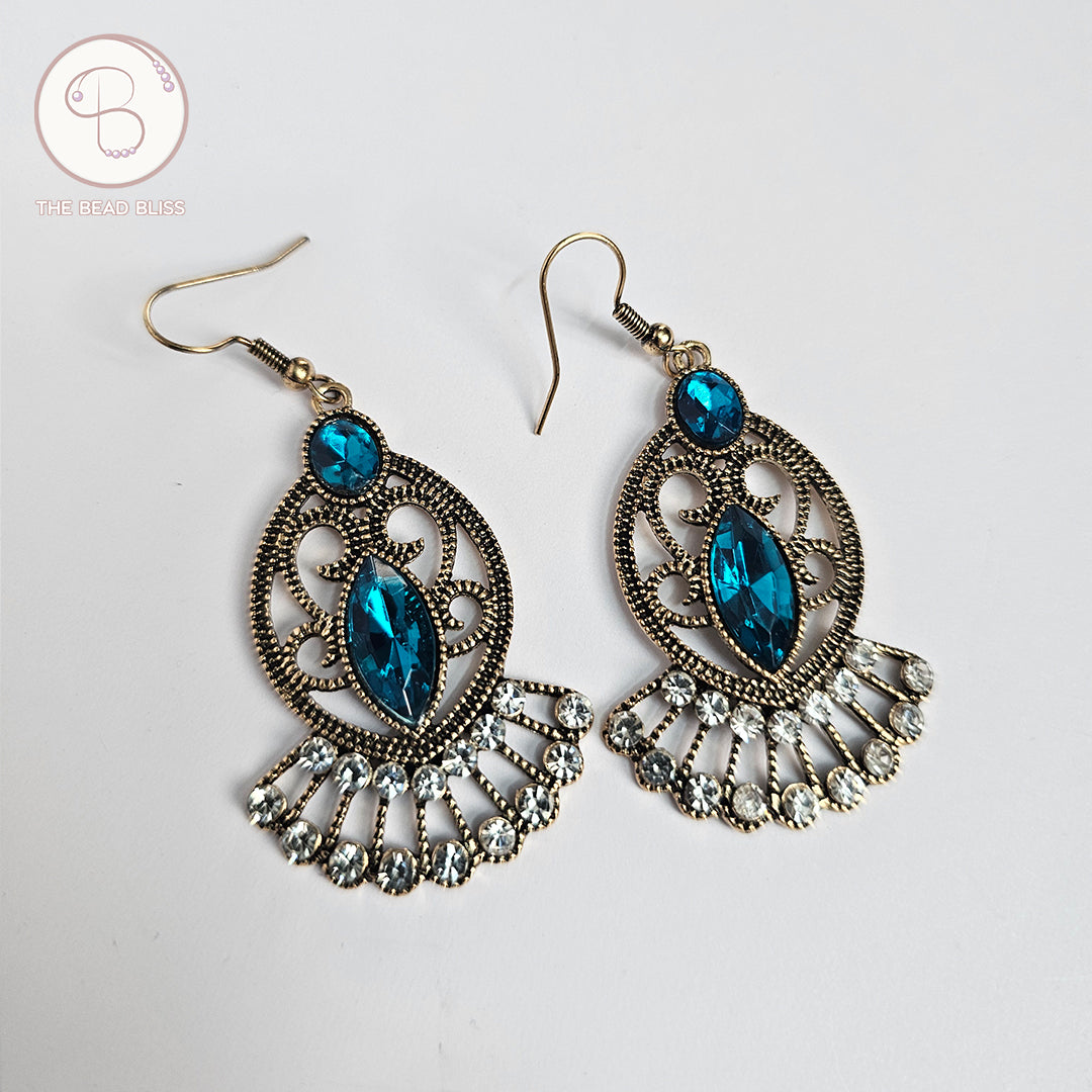 Vintage Fan Drop Earrings – Antique Gold with Blue & Crystal Accents