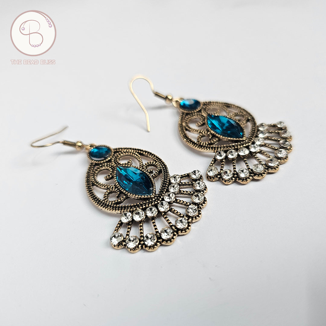Vintage Fan Drop Earrings – Antique Gold with Blue & Crystal Accents