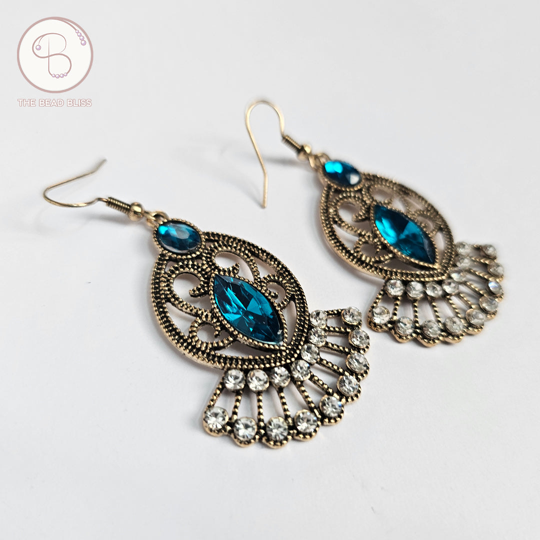 Vintage Fan Drop Earrings – Antique Gold with Blue & Crystal Accents