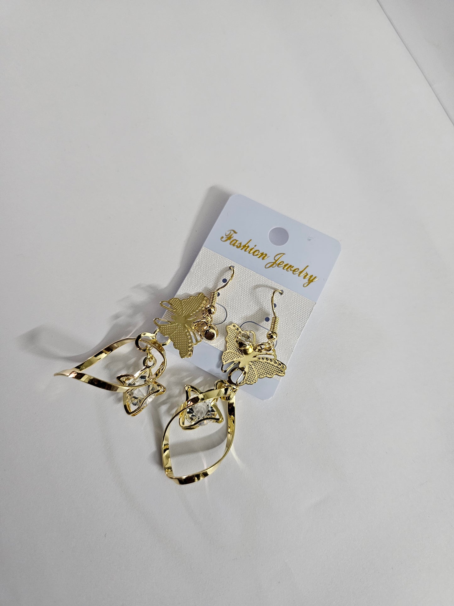 Golden Butterfly Drop Earrings with Crystal Accents