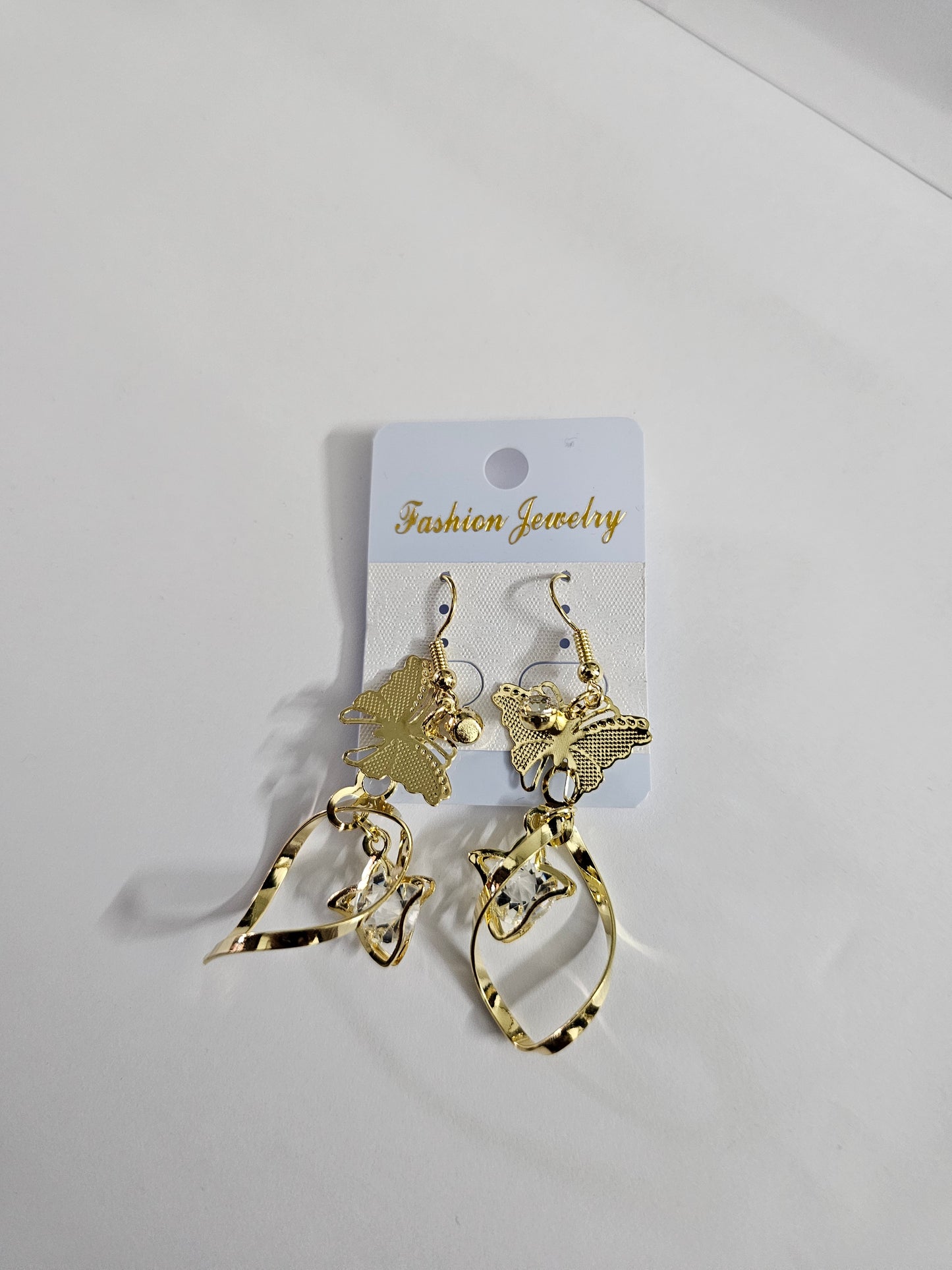 Golden Butterfly Drop Earrings with Crystal Accents