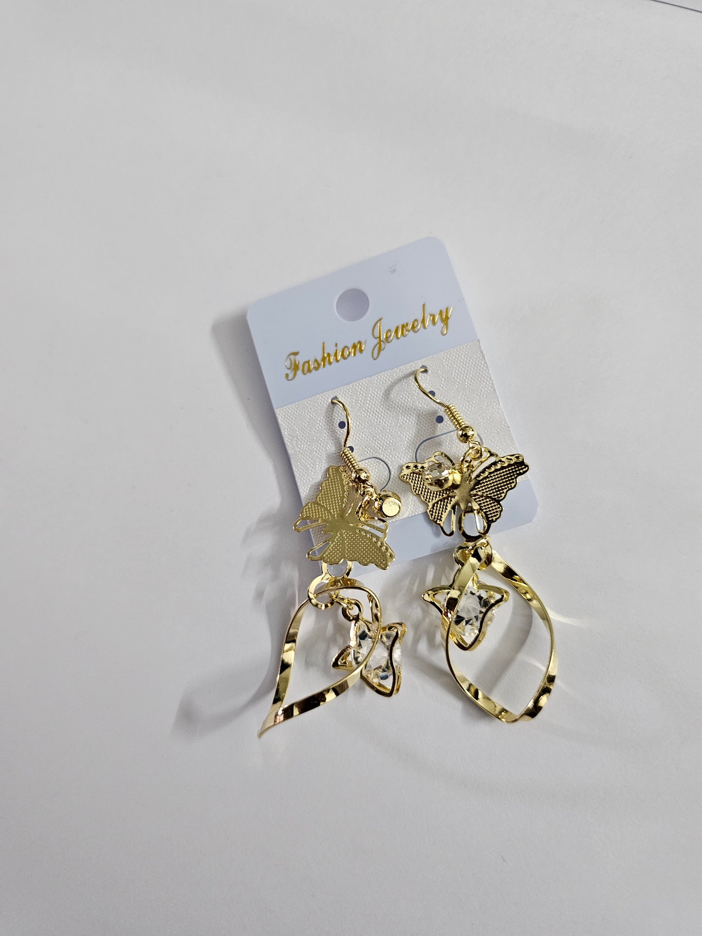 Golden Butterfly Drop Earrings with Crystal Accents