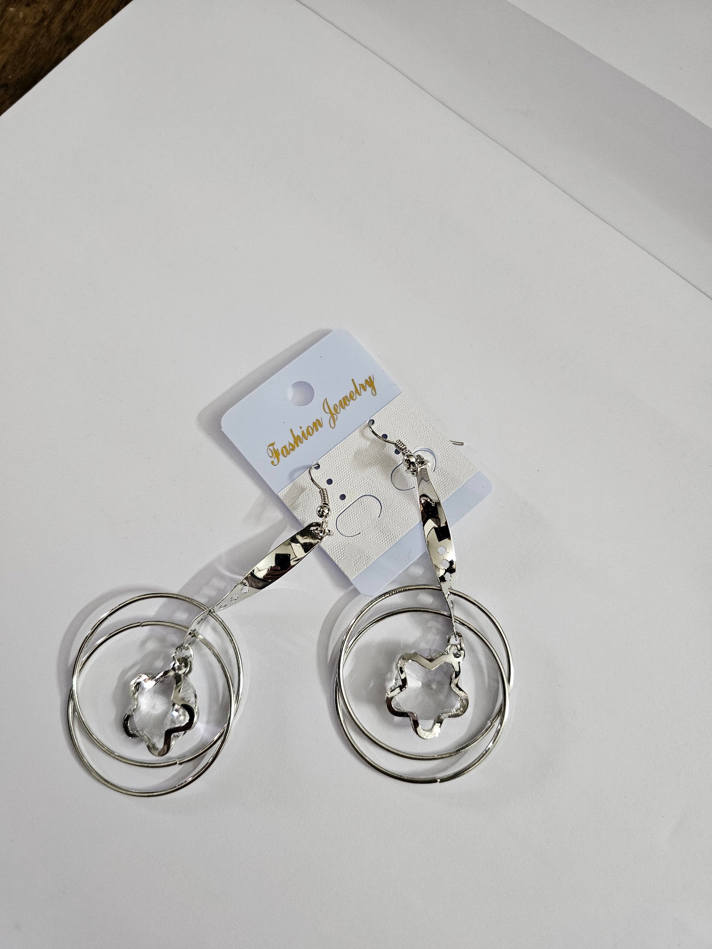 Silver Spiral Hoop Earrings with Star Crystal Charm
