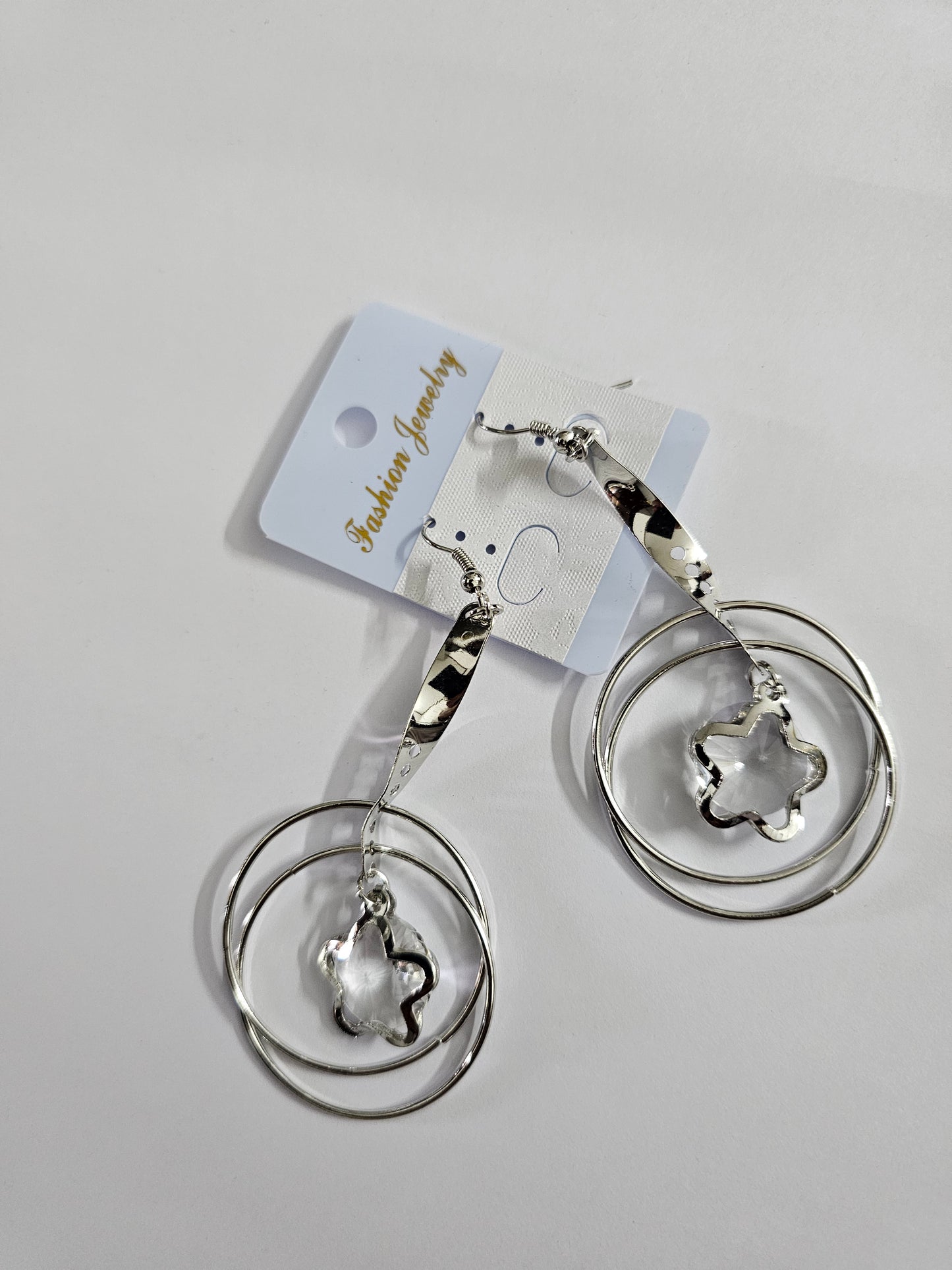 Silver Spiral Hoop Earrings with Star Crystal Charm