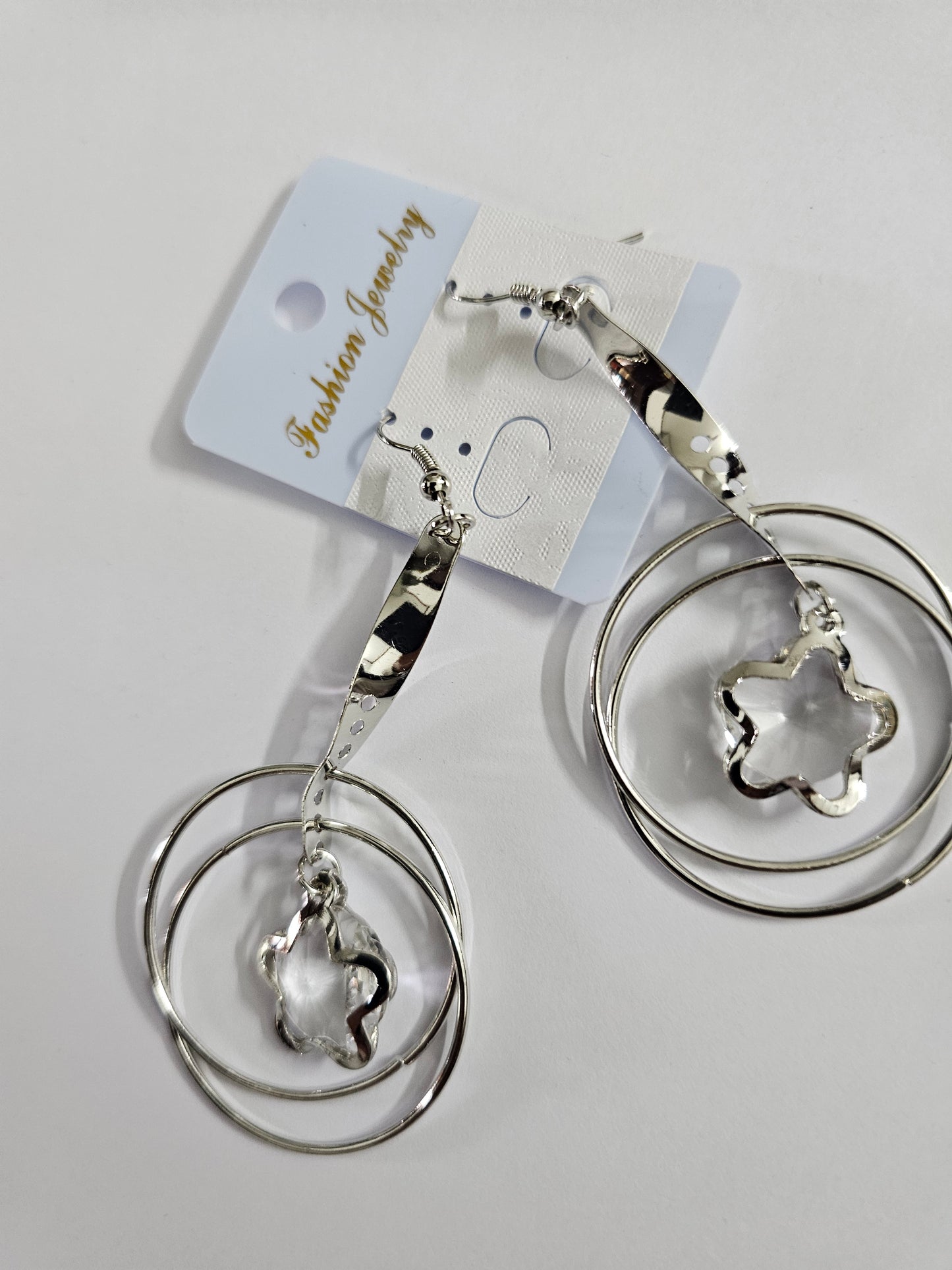 Silver Spiral Hoop Earrings with Star Crystal Charm
